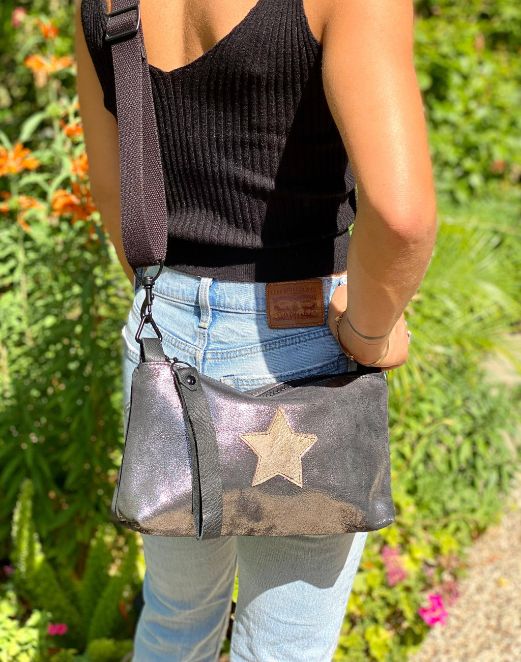 New Nancy Wristlet/ Crossbody Bag: Distressed metallic black/gold star