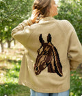 Vintage Horse Varsity Cardigan in Camel: XL