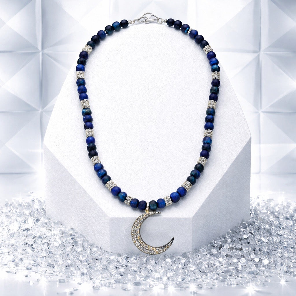The Montana Night Natural Lapis and Pave Diamond Moon Necklace