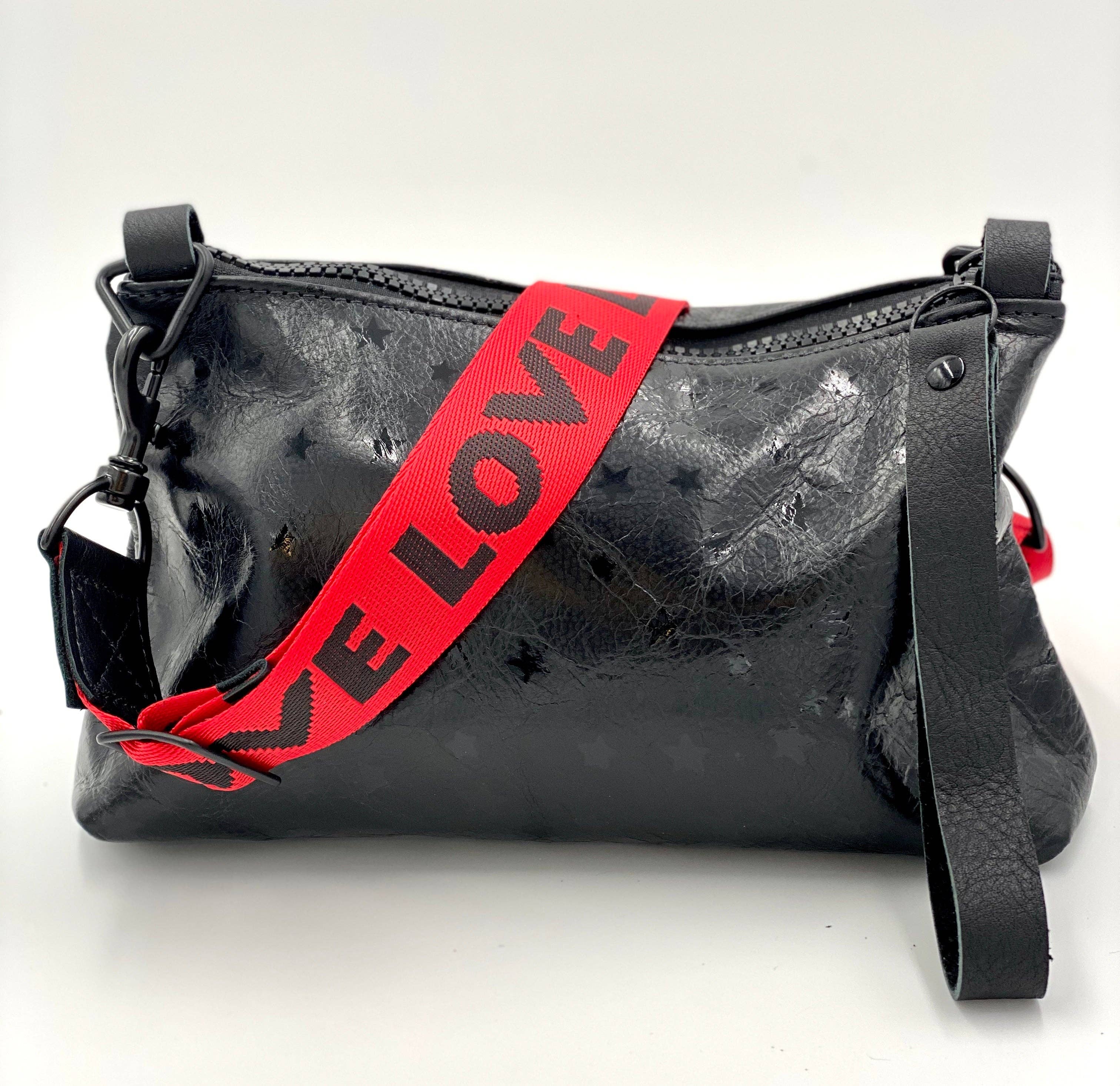 New Nancy Wristlet/ Crossbody Bag: Black Star-Red Love Strap