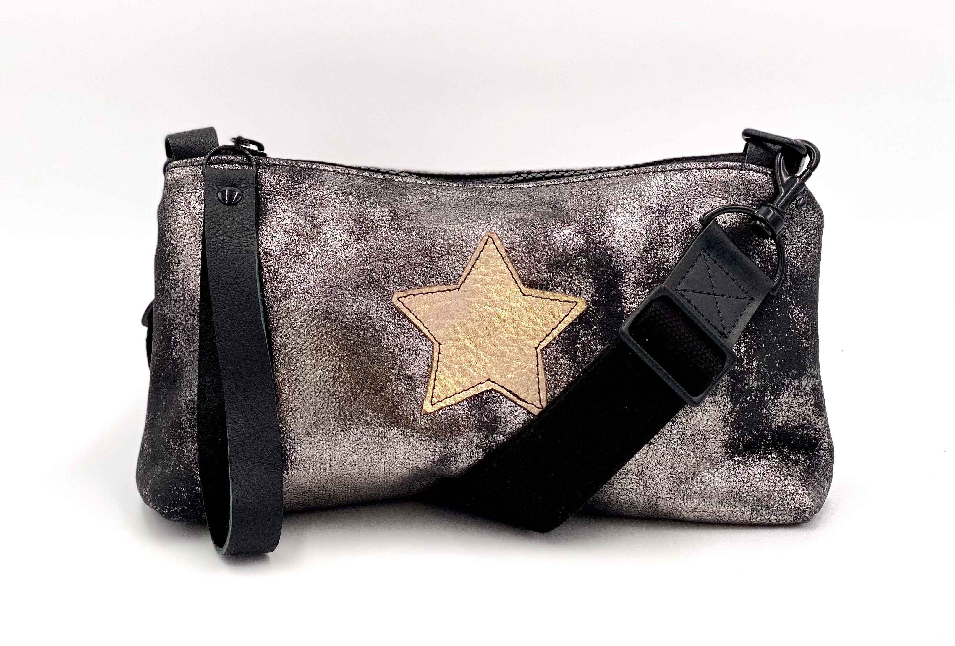 New Nancy Wristlet/ Crossbody Bag: Distressed metallic black/gold star