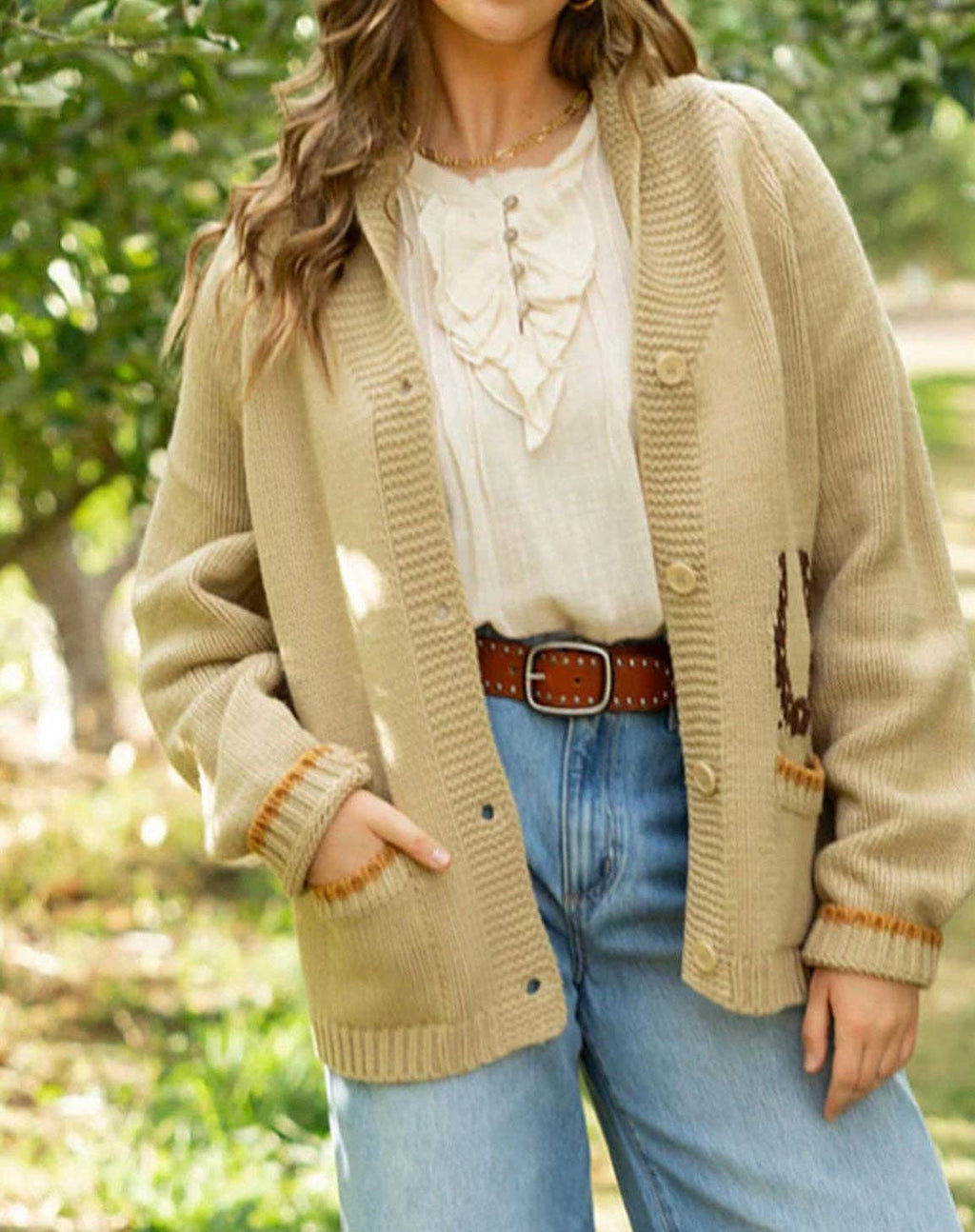 Vintage Horse Varsity Cardigan in Camel: XL