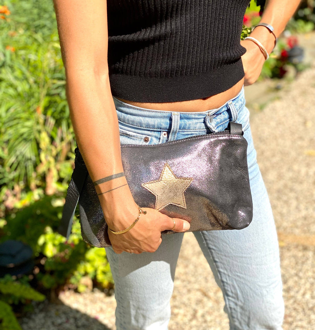 New Nancy Wristlet/ Crossbody Bag: Distressed metallic black/gold star