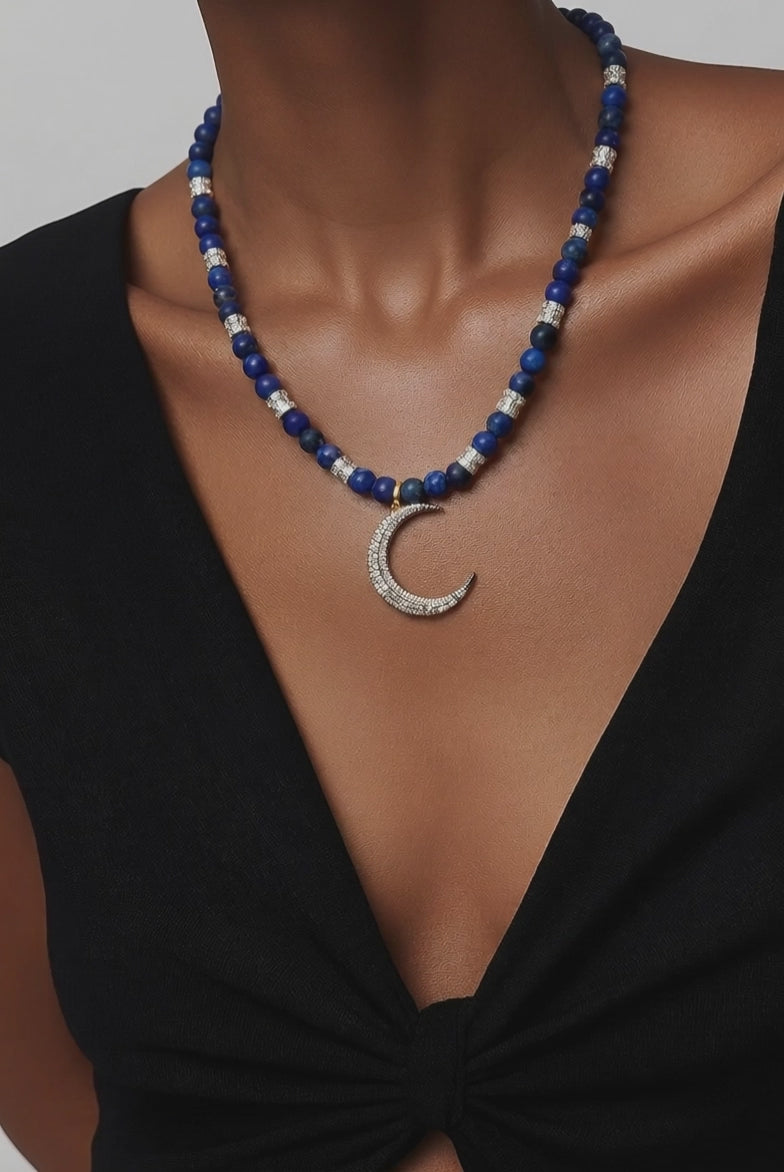 The Montana Night Natural Lapis and Pave Diamond Moon Necklace